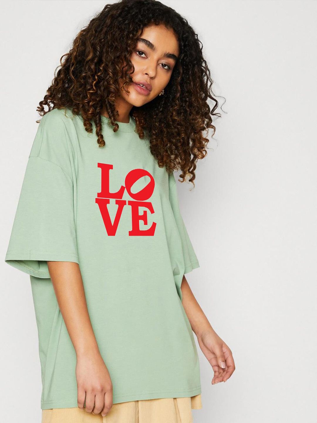 Kotty Green Typography Printed Drop-Shoulder Sleeves Oversized Cotton T-shirt