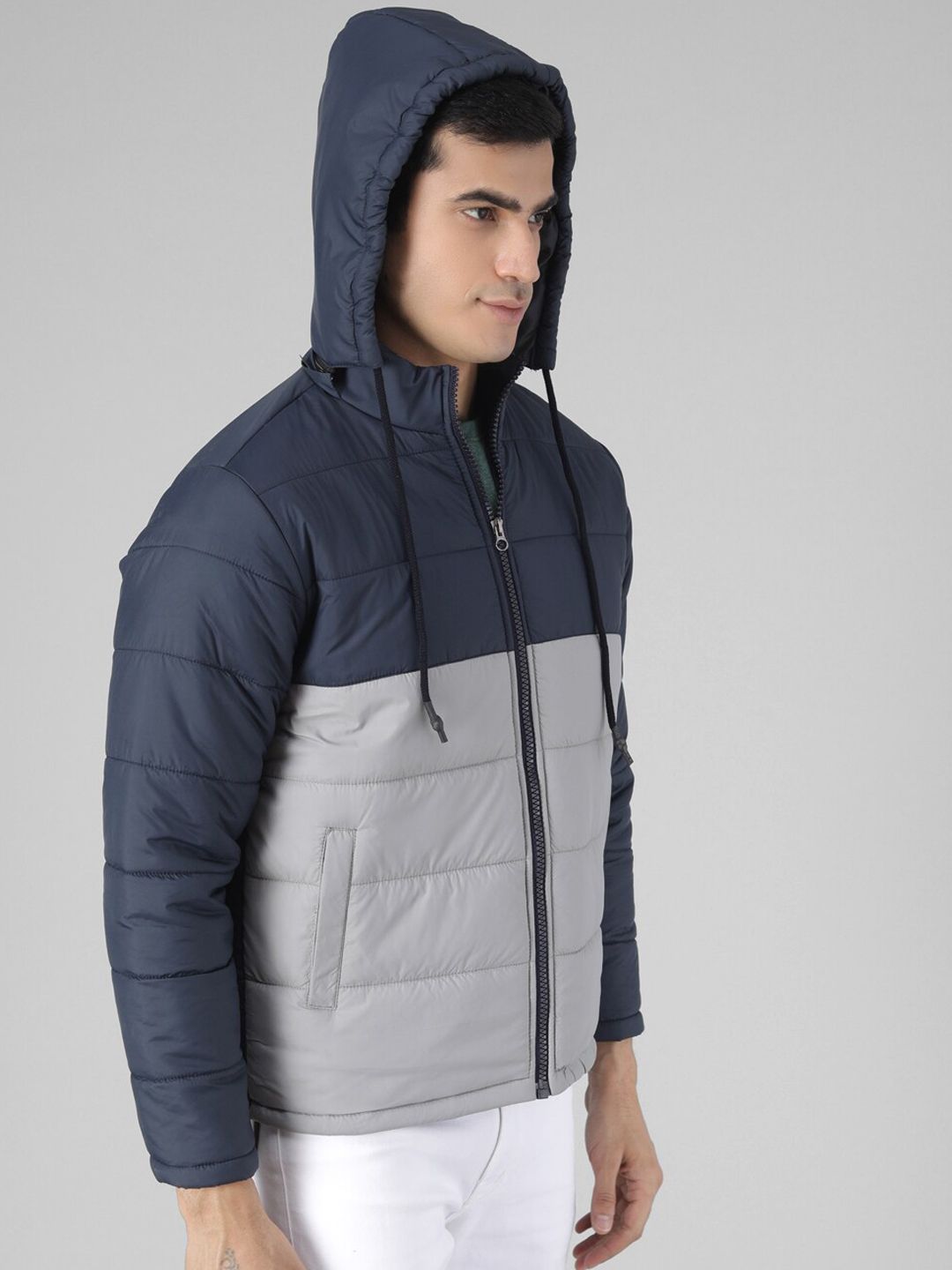 Kotty Men Blue & Grey Colourblocked Padded Jacket