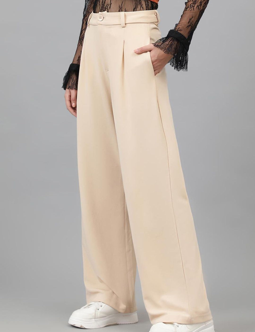Kotty Women Beige Relaxed Straight Leg High-Rise Easy Wash Pleated Parallel Trousers