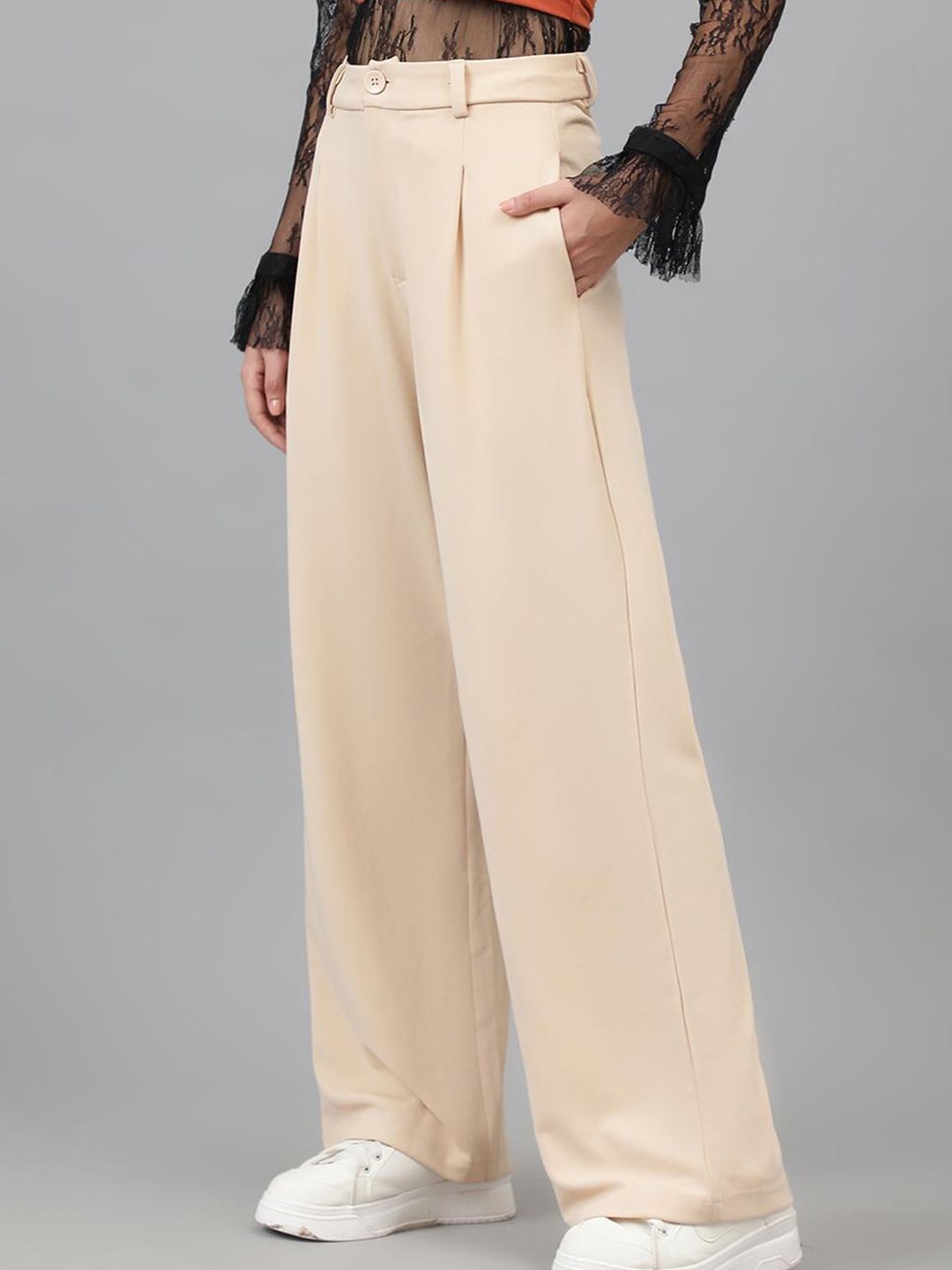 Kotty Women Beige Relaxed Straight Leg High-Rise Easy Wash Pleated Parallel Trousers