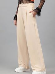 Kotty Women Beige Relaxed Straight Leg High-Rise Easy Wash Pleated Parallel Trousers