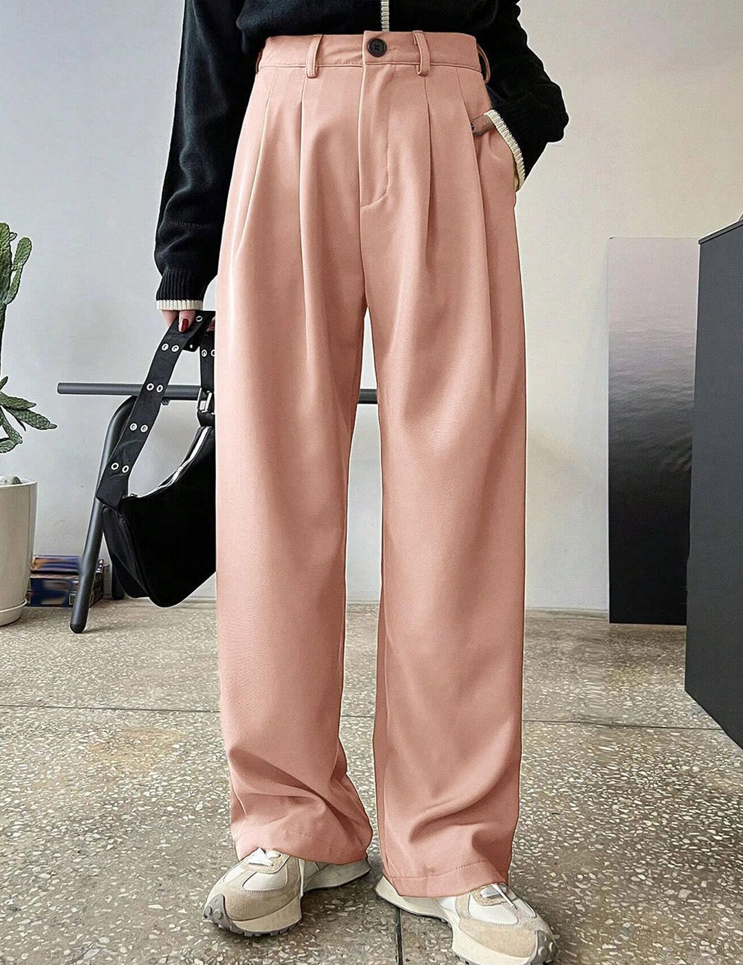 KOTTY BIZwear Women Pink Relaxed Straight Leg Straight Fit High-Rise Easy Wash Pleated Trousers