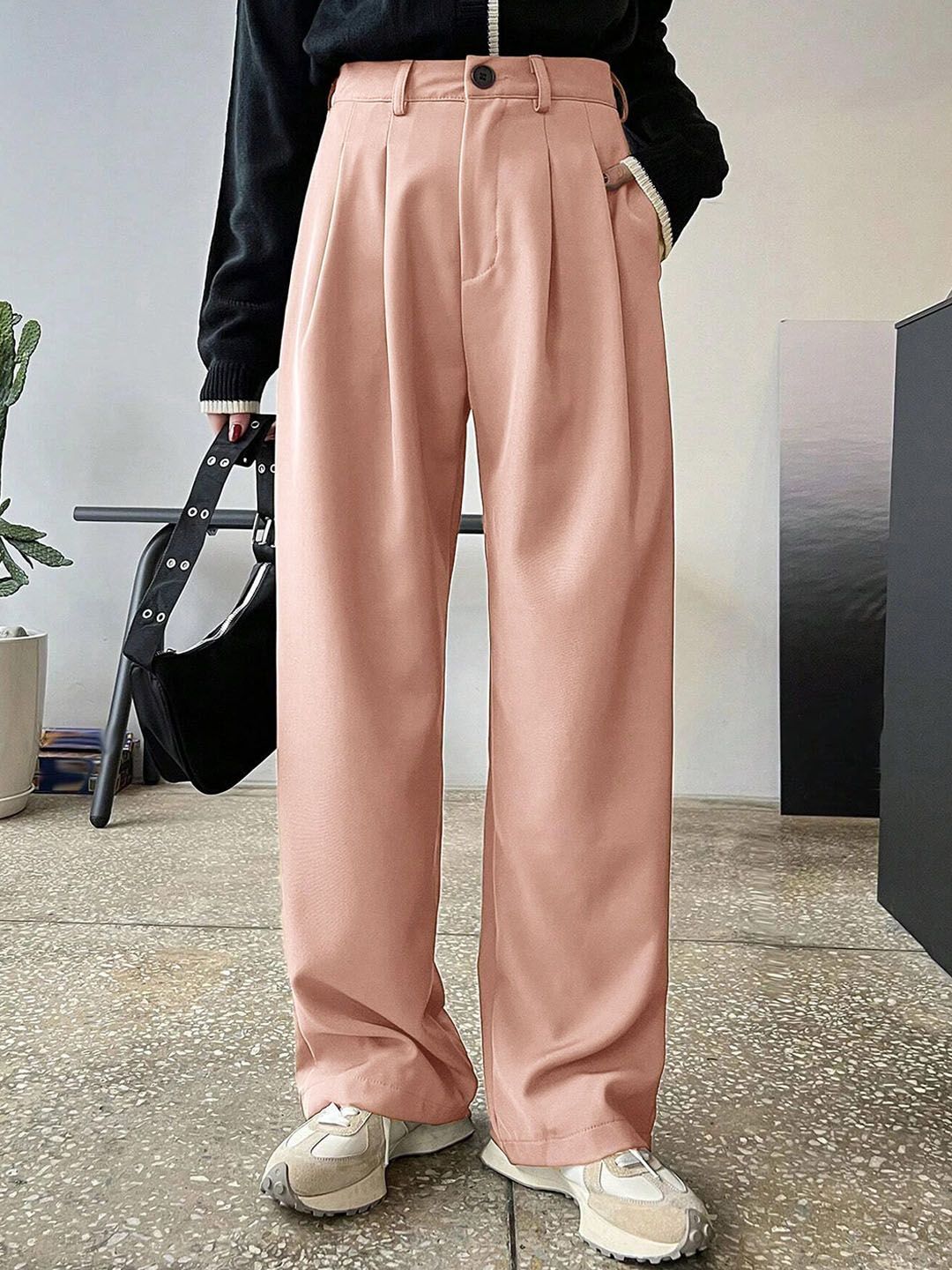 KOTTY BIZwear Women Pink Relaxed Straight Leg Straight Fit High-Rise Easy Wash Pleated Trousers