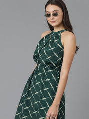 Kotty Geometric Printed High Neck Sleeveless A-Line Dress