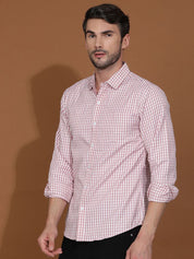 Kotty White & Red New Gingham Checks Printed Spread Collar Casual Shirt