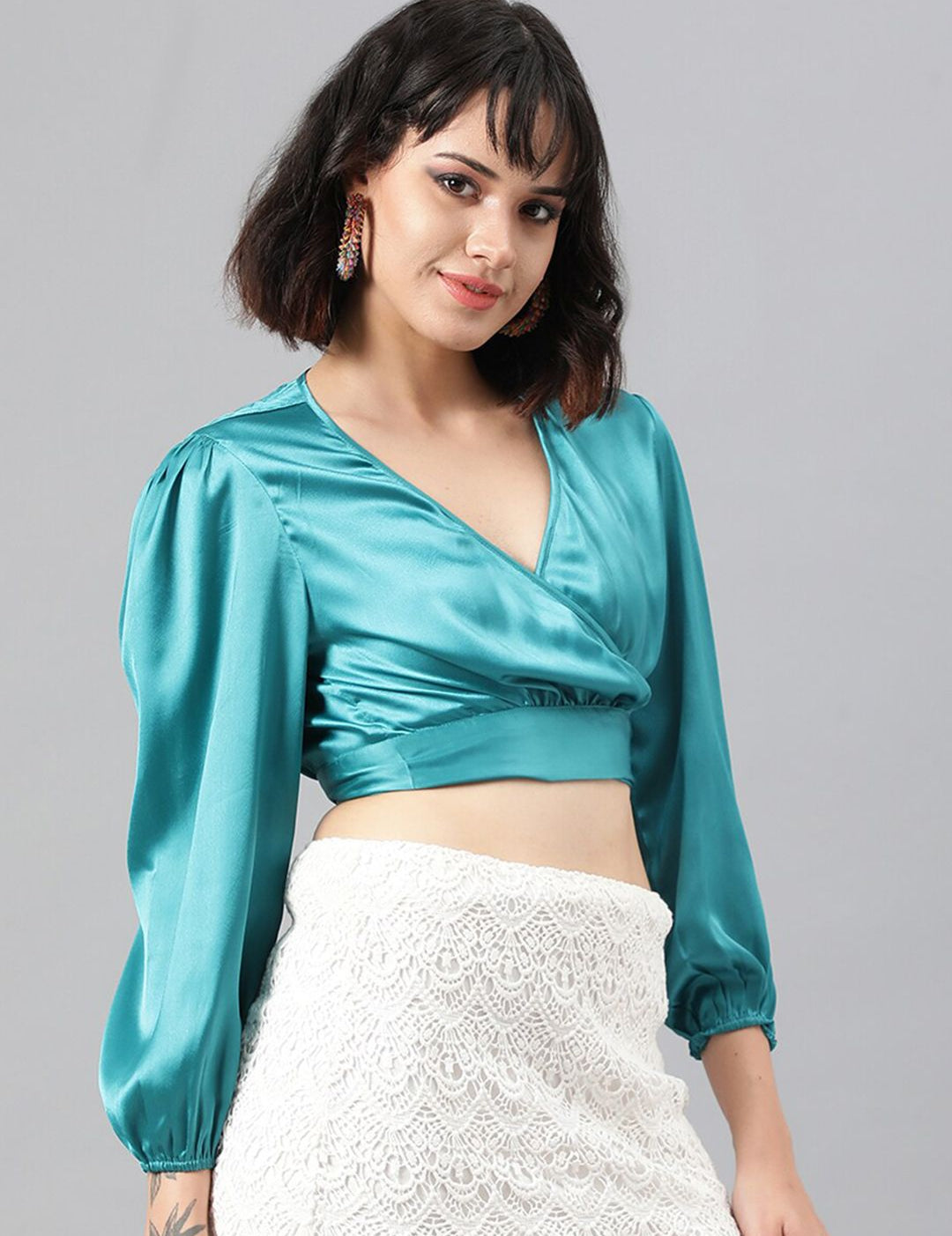 Kotty Satin Puff Sleeve Wrap Crop Top