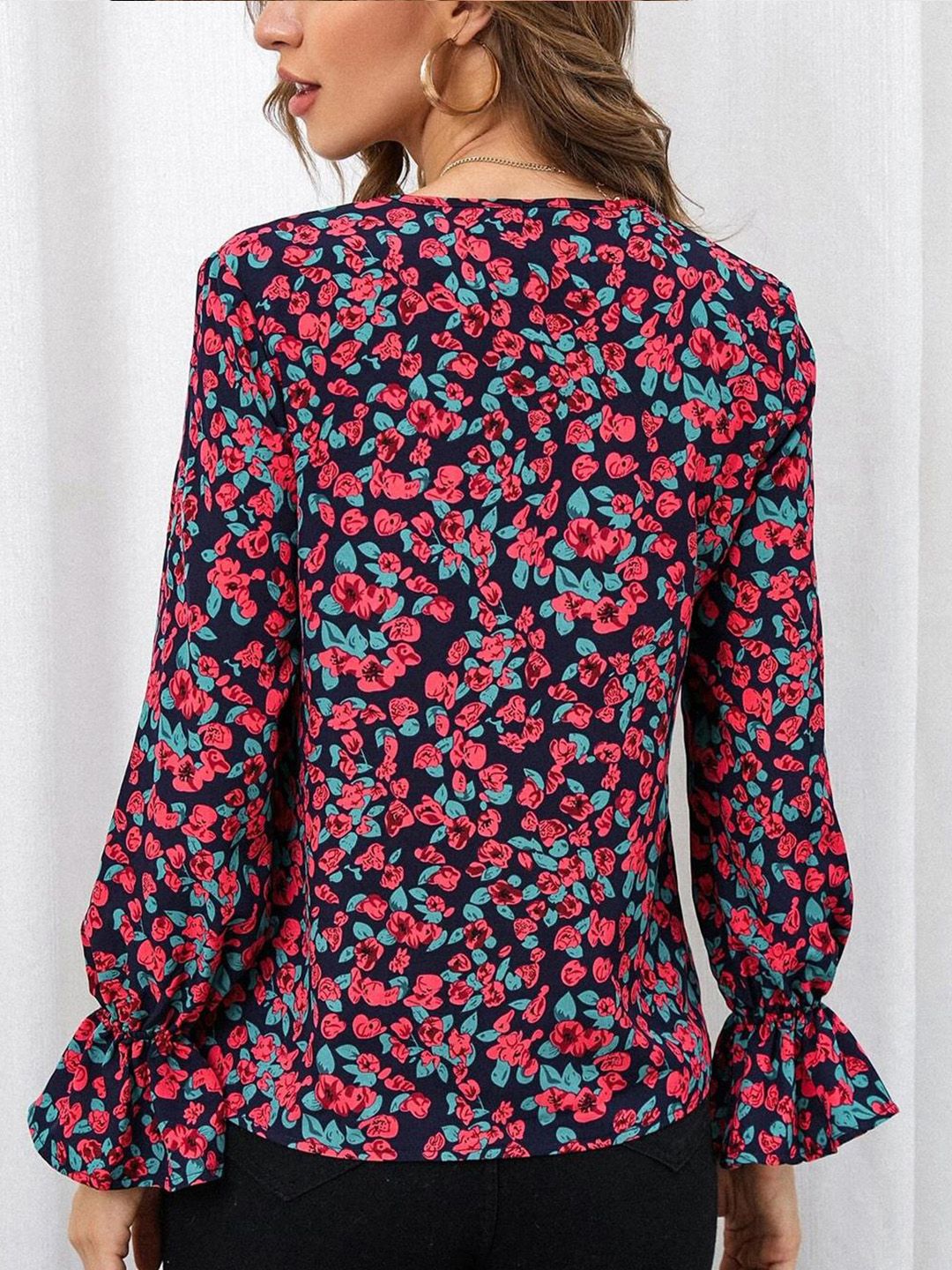Kotty Navy Blue & Red Floral Print Bell Sleeve Satin Top