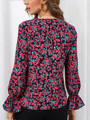 Kotty Navy Blue & Red Floral Print Bell Sleeve Satin Top