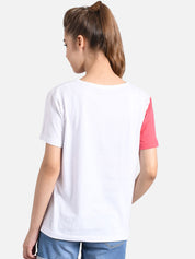 Kotty Women Coral Pink & White Colourblocked Boat Neck T-shirt