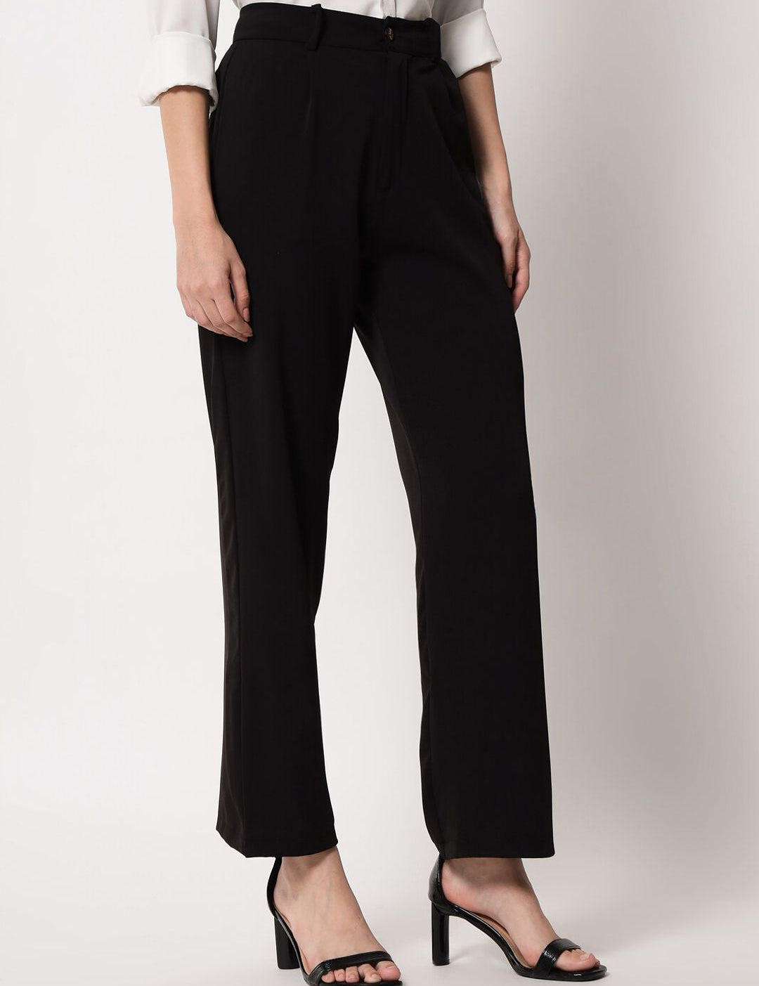 KOTTY BIZwear Women Black Relaxed Straight Leg Straight Fit High-Rise Easy Wash Pleated Trousers