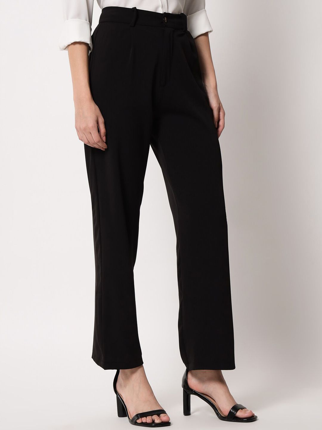 KOTTY BIZwear Women Black Relaxed Straight Leg Straight Fit High-Rise Easy Wash Pleated Trousers