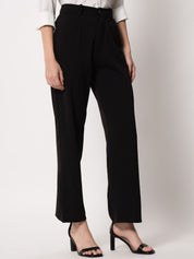 KOTTY BIZwear Women Black Relaxed Straight Leg Straight Fit High-Rise Easy Wash Pleated Trousers