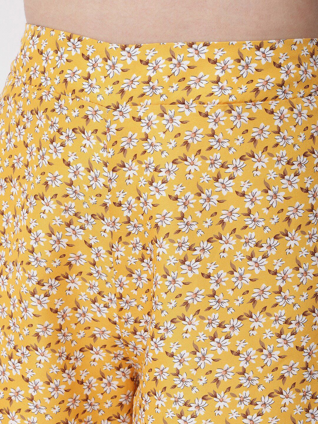 Kotty Women Mustard Yellow Floral Printed Relaxed High-Rise Easy Wash Trousers
