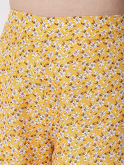 Kotty Women Mustard Yellow Floral Printed Relaxed High-Rise Easy Wash Trousers