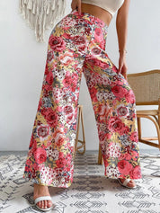 Kotty Women Pink Floral Printed Relaxed Flared High-Rise Easy Wash Trousers