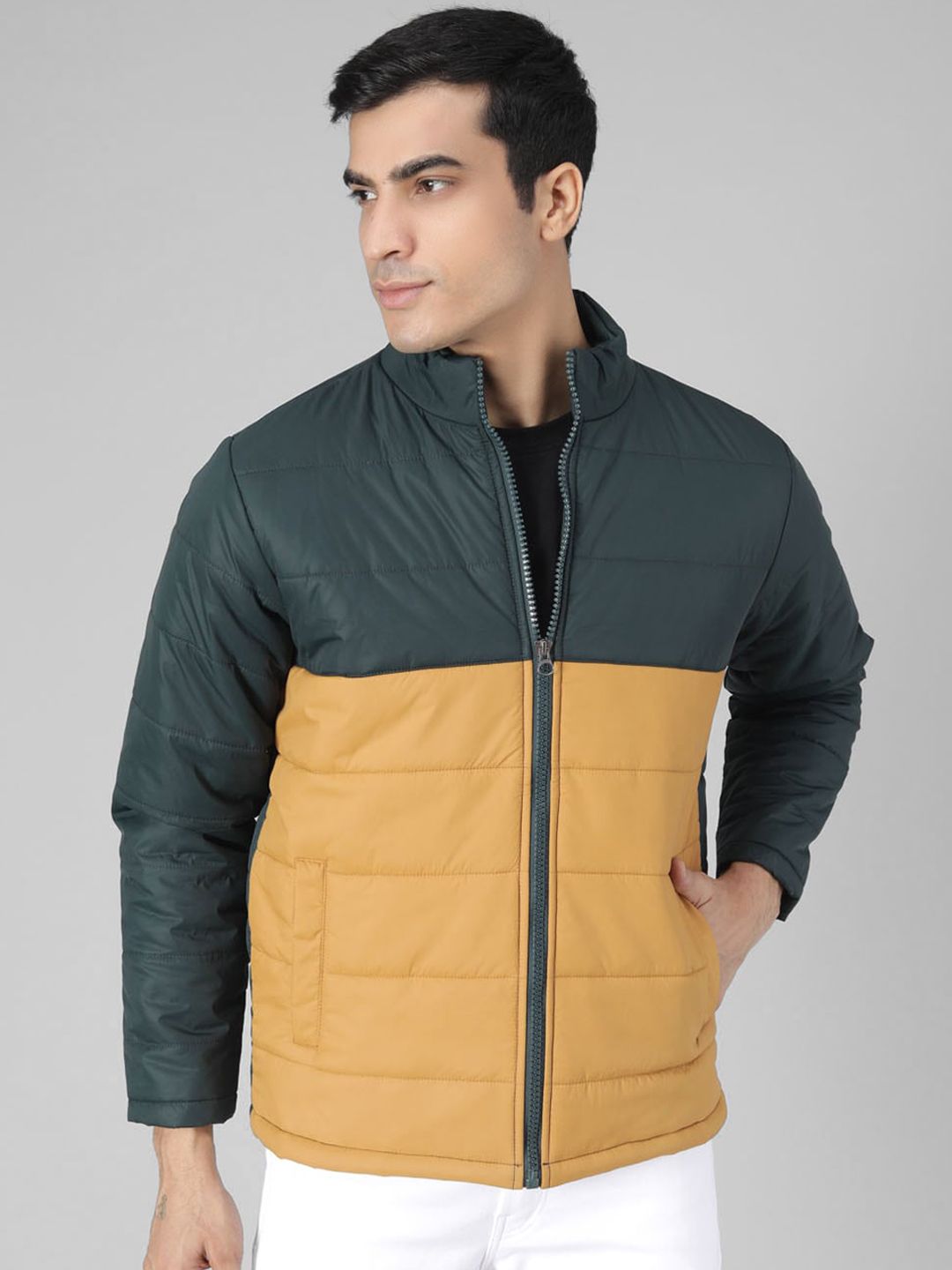 Kotty Men Yellow & Green Colourblocked Puffer Jacket