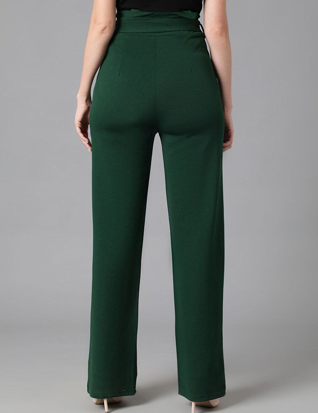 KOTTY BIZwear Women Green Relaxed Straight Leg Easy Wash Parallel Trousers Comes With Belt