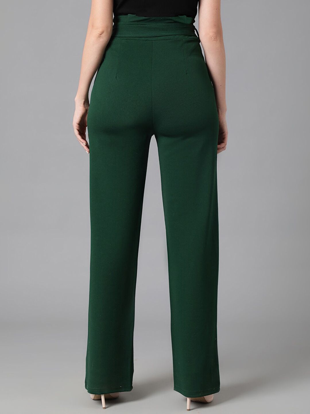 KOTTY BIZwear Women Green Relaxed Straight Leg Easy Wash Parallel Trousers Comes With Belt