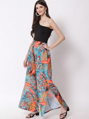 Kotty Women Blue Floral Printed Relaxed Flared High-Rise Easy Wash Pleated Trousers