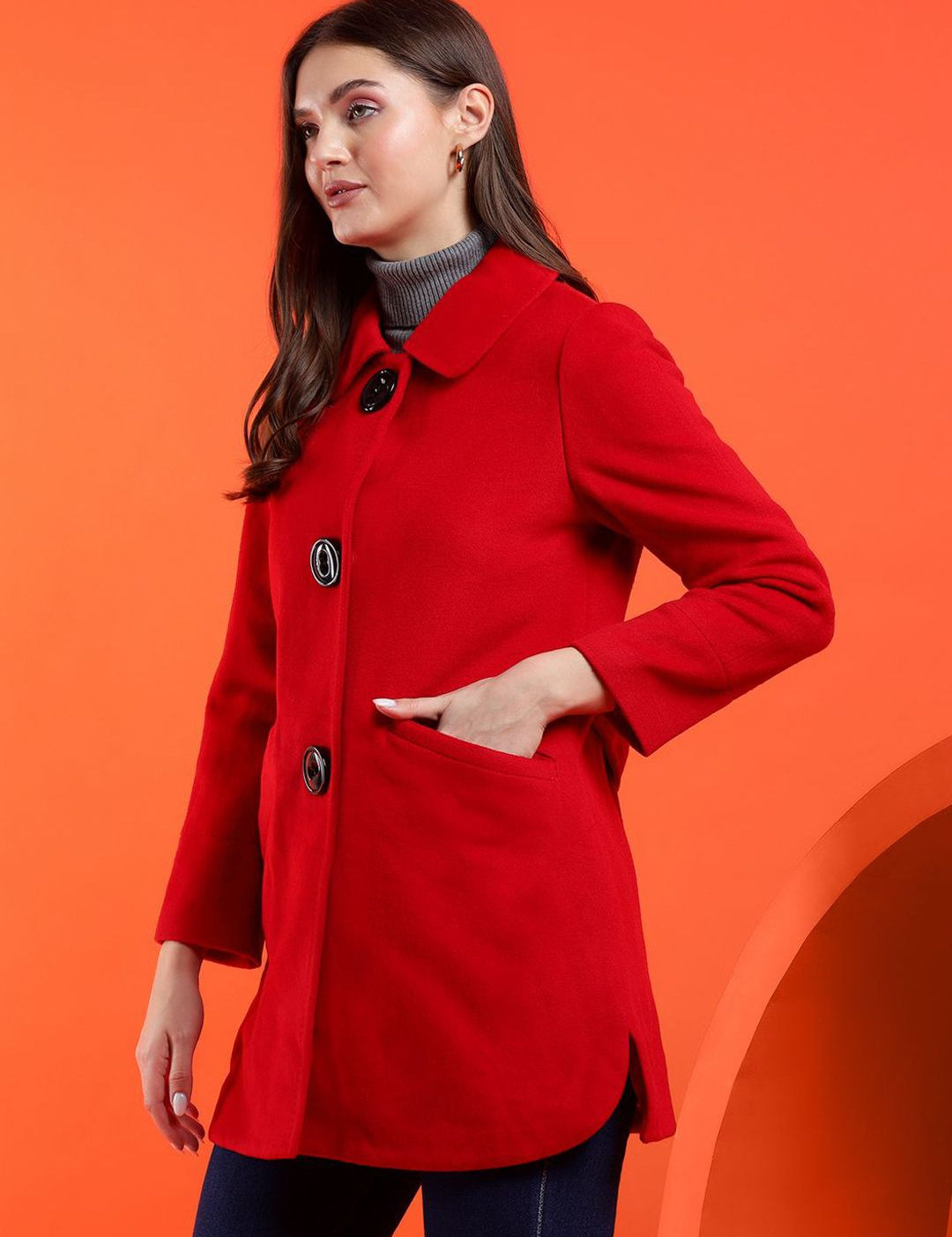 Kotty Women Solid Spread Collar Overcoat