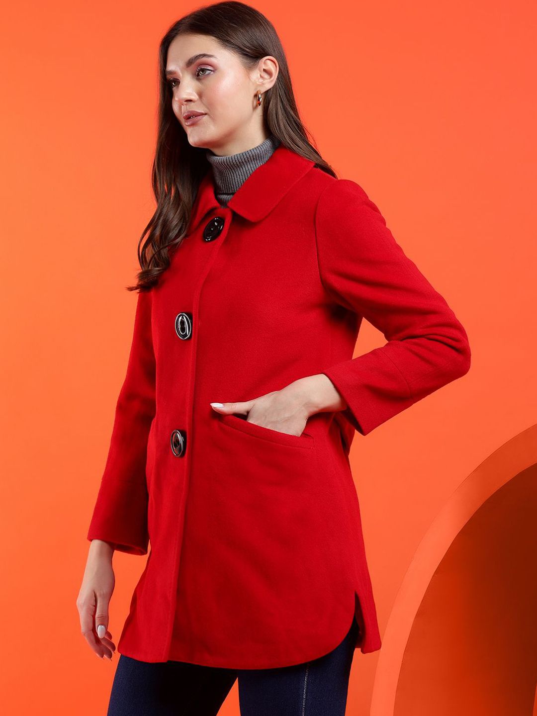 Kotty Women Solid Spread Collar Overcoat