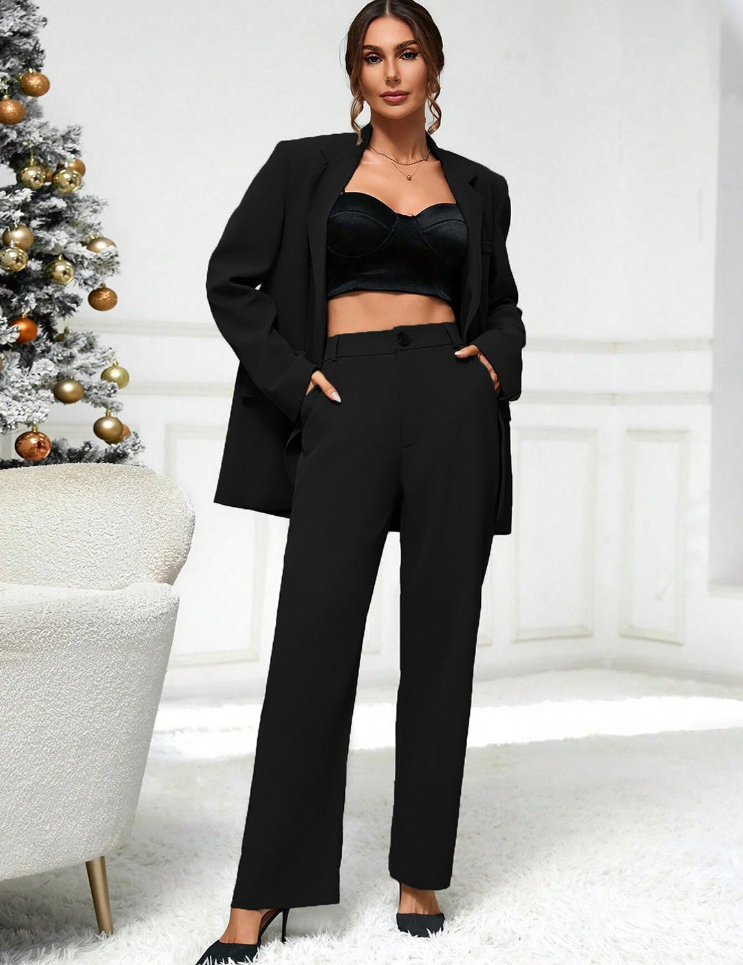 Kotty Black Notched Lapel Collar Single-Breasted Blazer With Trouser 