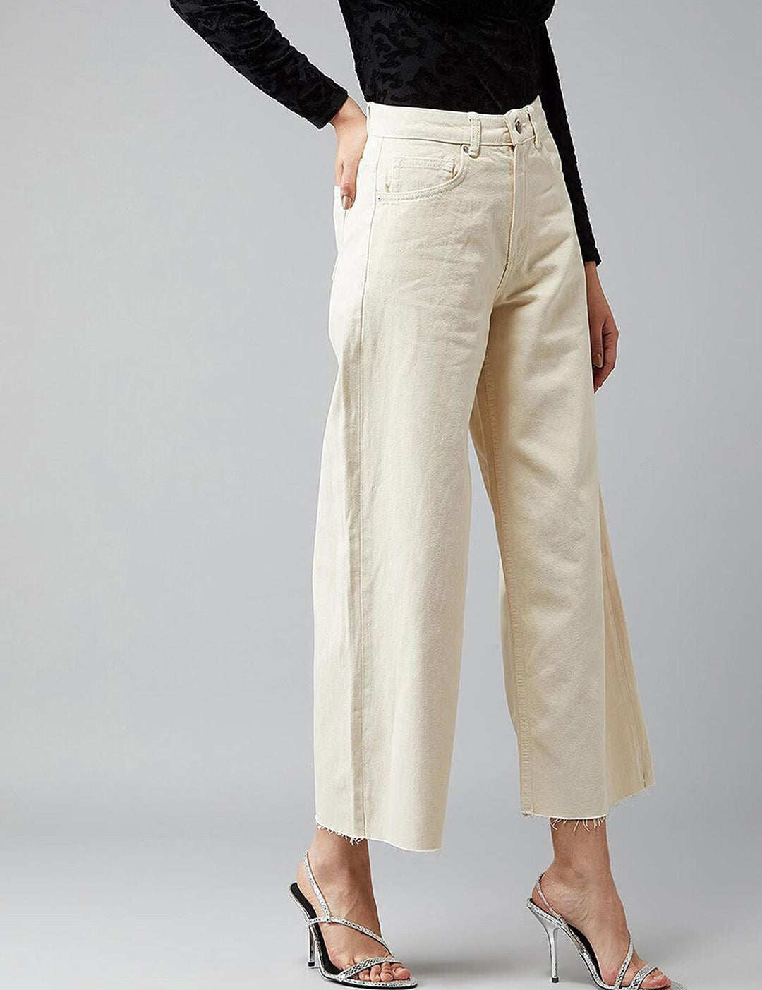 Kotty Women Cream-Coloured Jean Flared High-Rise Stretchable Jeans