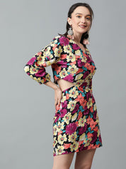 Kotty Floral Printed Cuffed Sleeves Wrap Dress
