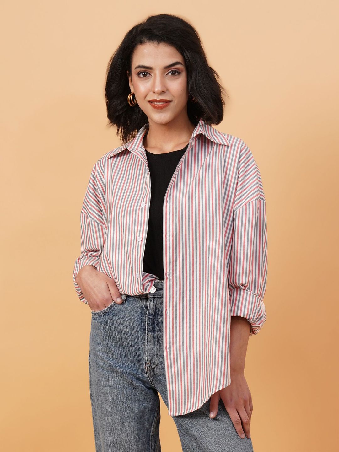 Kotty Vertical Stripes Drop-Shoulder Sleeves Longline Casual Shirt