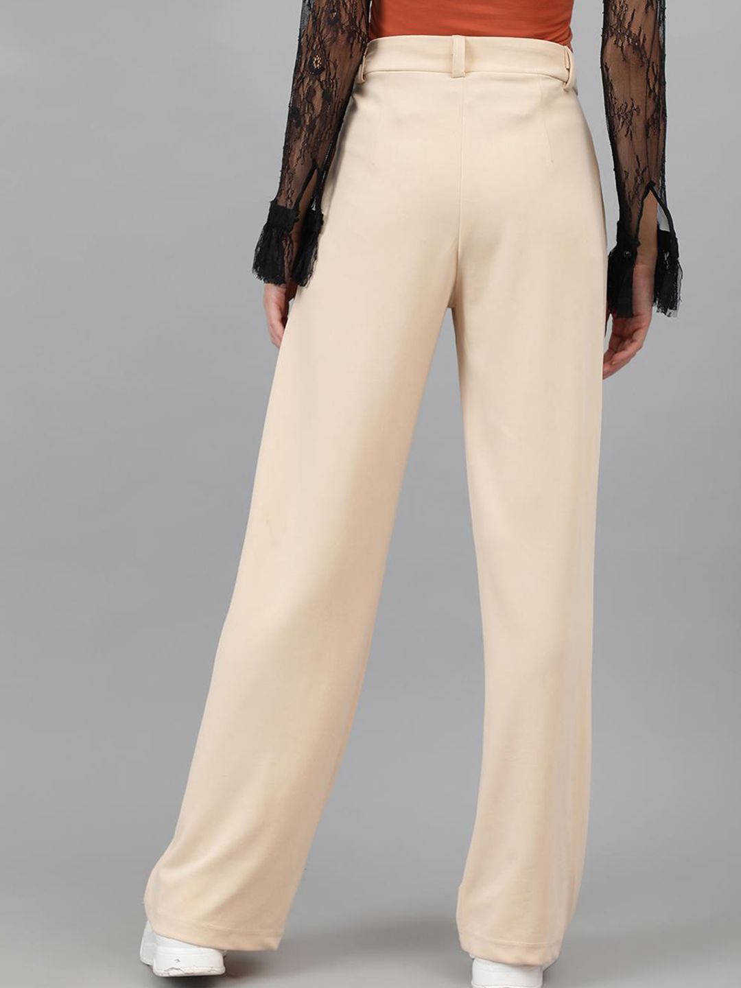 Kotty Women Beige Relaxed Straight Leg High-Rise Easy Wash Pleated Parallel Trousers