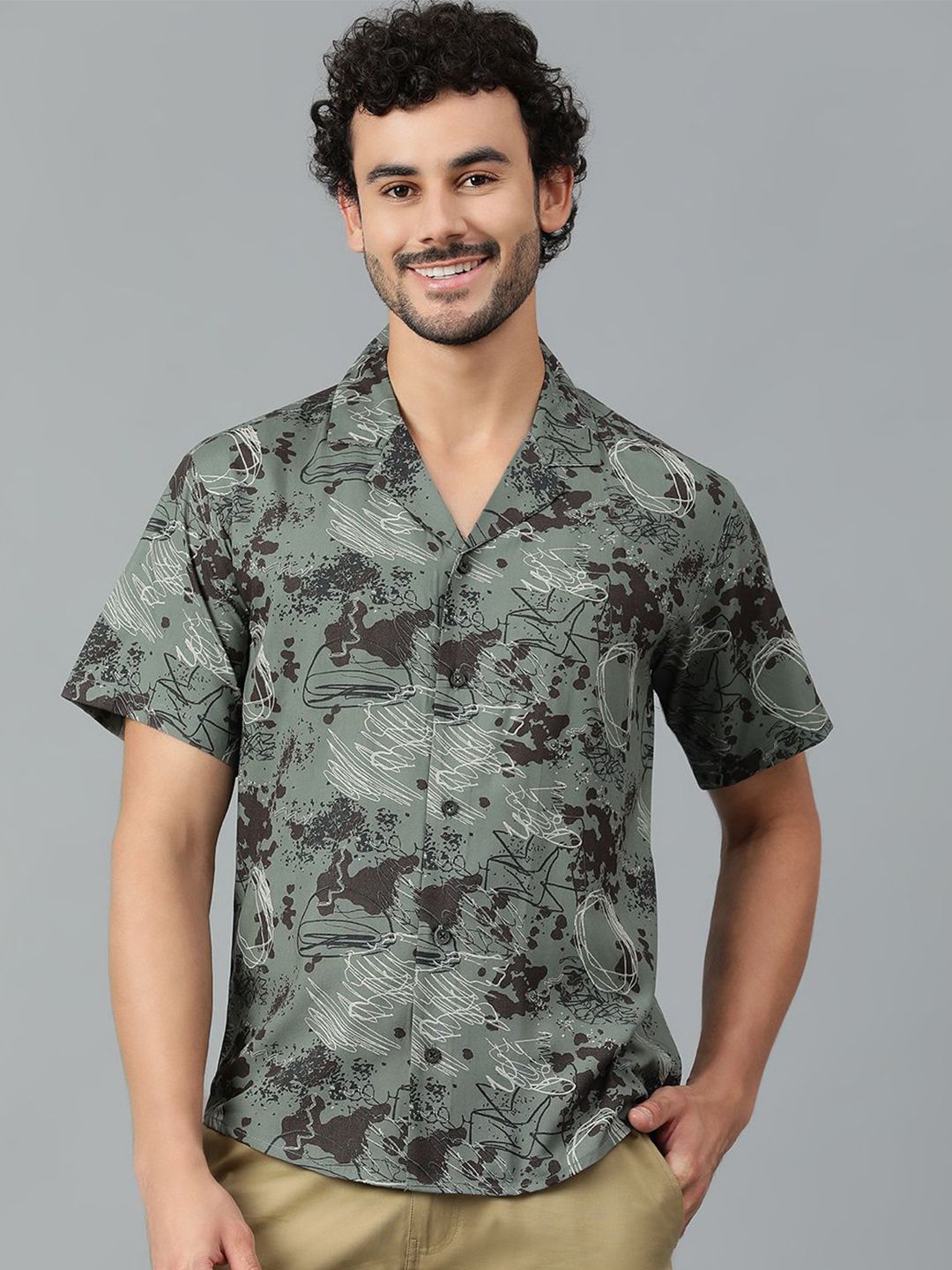 Kotty Men Cuban Collar Abstract Printed Casual Shirt