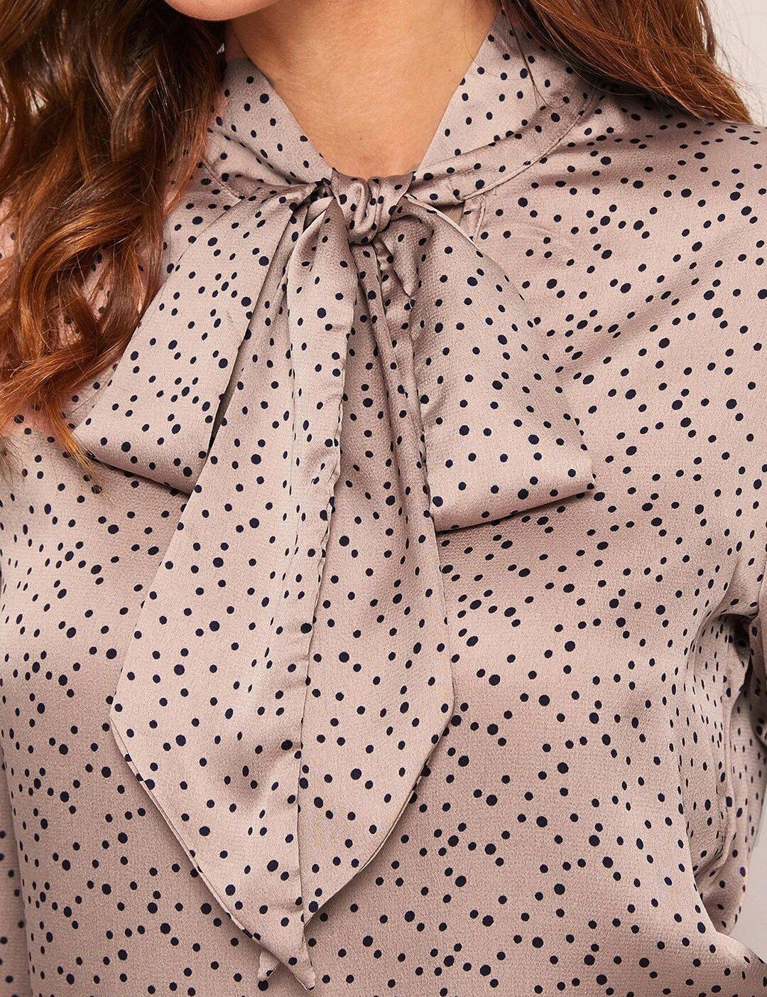 Kotty Pink Polka Dots Print Tie-Up Neck Satin Shirt Style Top