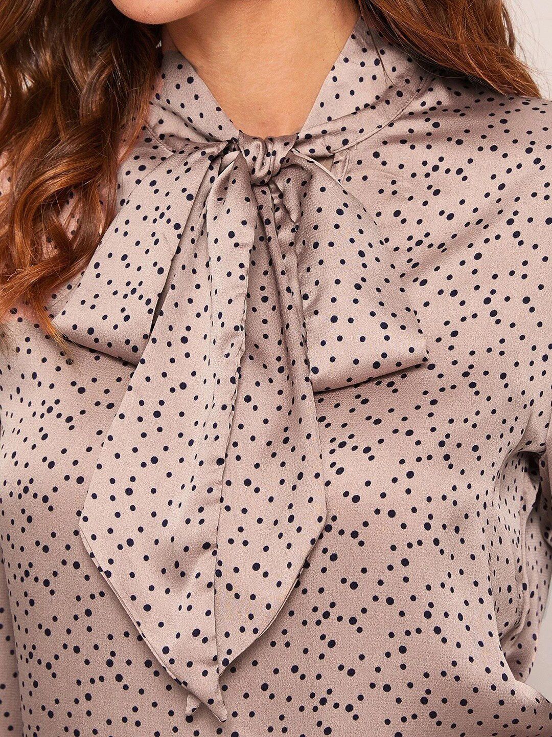 Kotty Pink Polka Dots Print Tie-Up Neck Satin Shirt Style Top