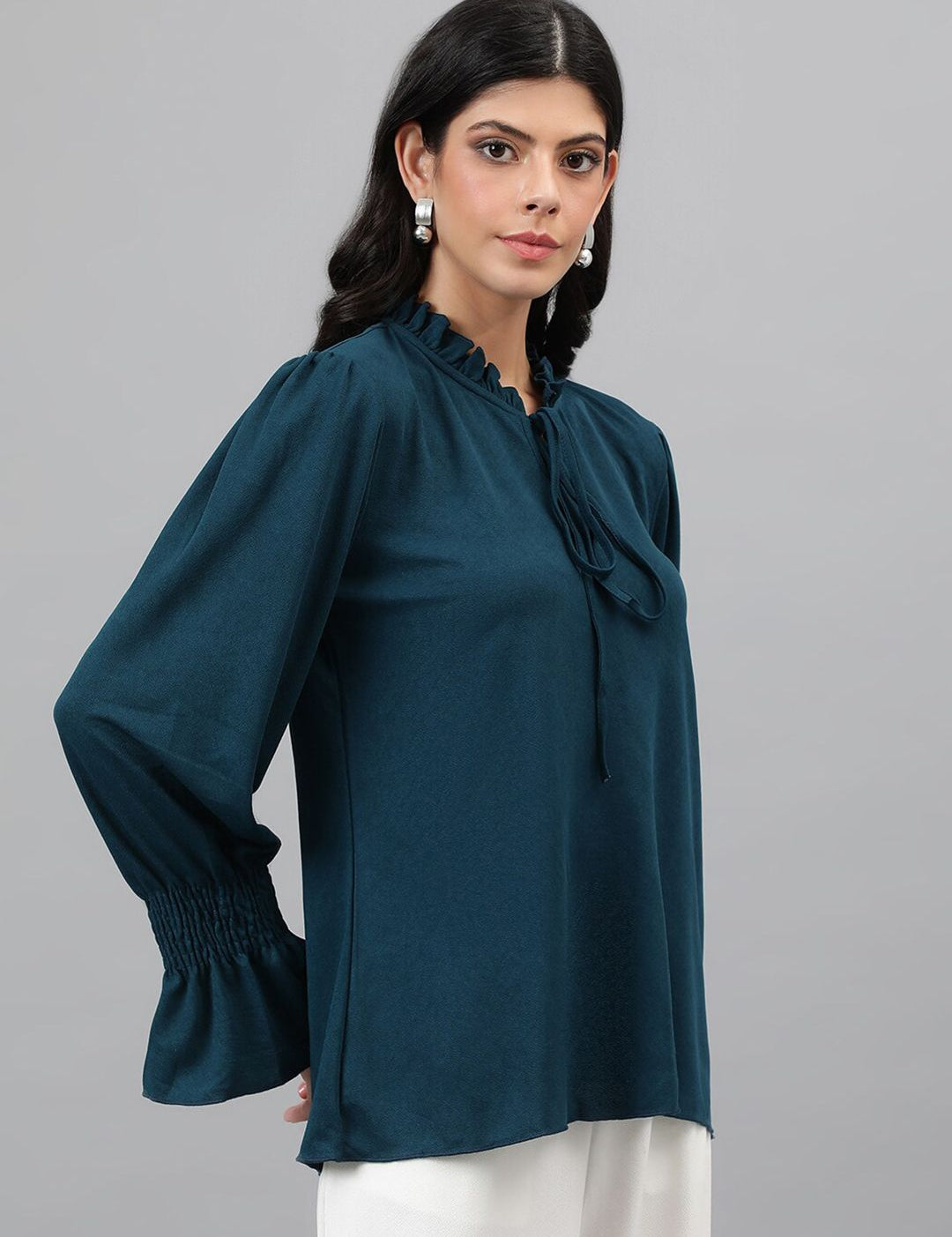 Kotty Green Tie-Up Neck Bell Sleeve Top