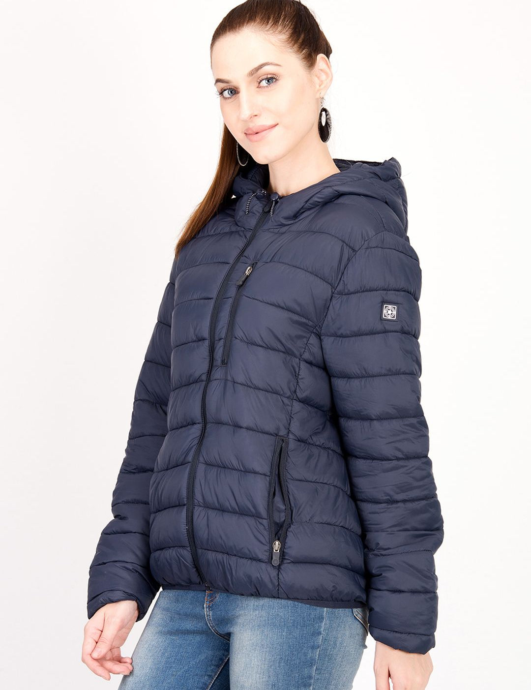 Kotty Women Navy Blue Solid Insulator Hooded Puffer Jacket