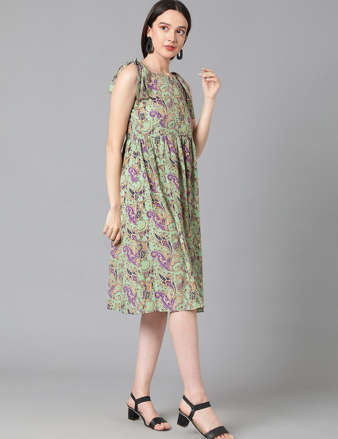 Kotty Sea Green & Purple Ethnic Motif Printed Tie-Up Shoulder Strap Fit & Flare Dress