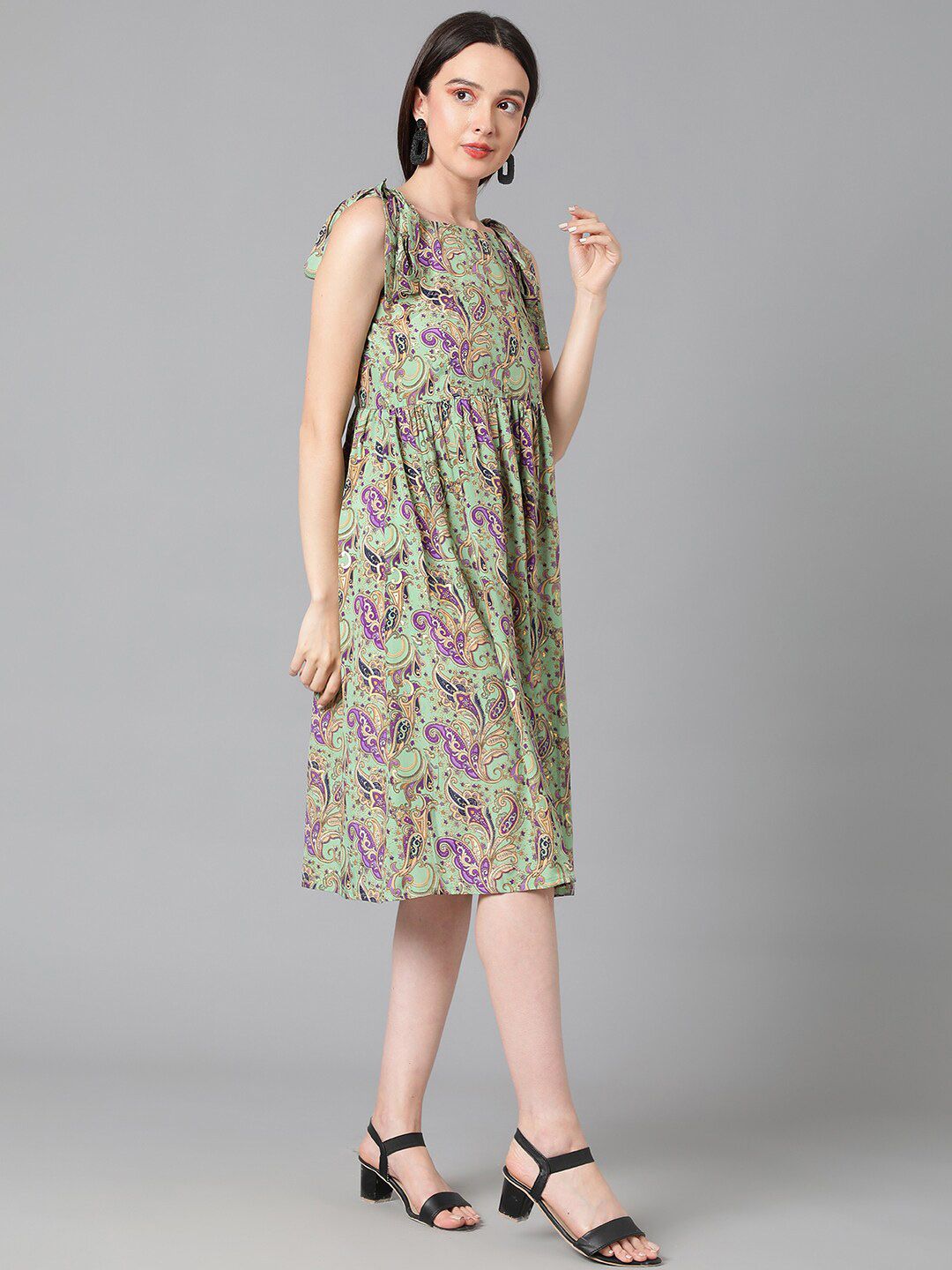 Kotty Sea Green & Purple Ethnic Motif Printed Tie-Up Shoulder Strap Fit & Flare Dress