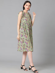 Kotty Sea Green & Purple Ethnic Motif Printed Tie-Up Shoulder Strap Fit & Flare Dress