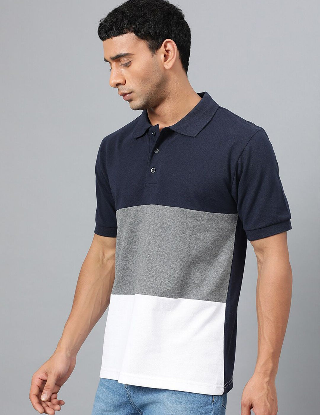 Kotty Navy Blue Grey Colourblocked Polo Collar T-Shirt