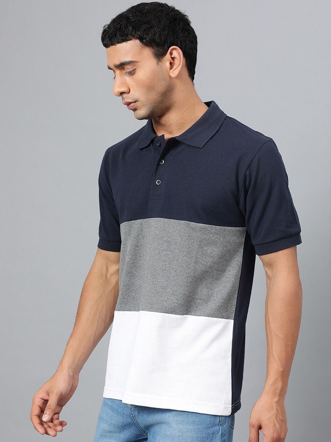 Kotty Navy Blue Grey Colourblocked Polo Collar T-Shirt