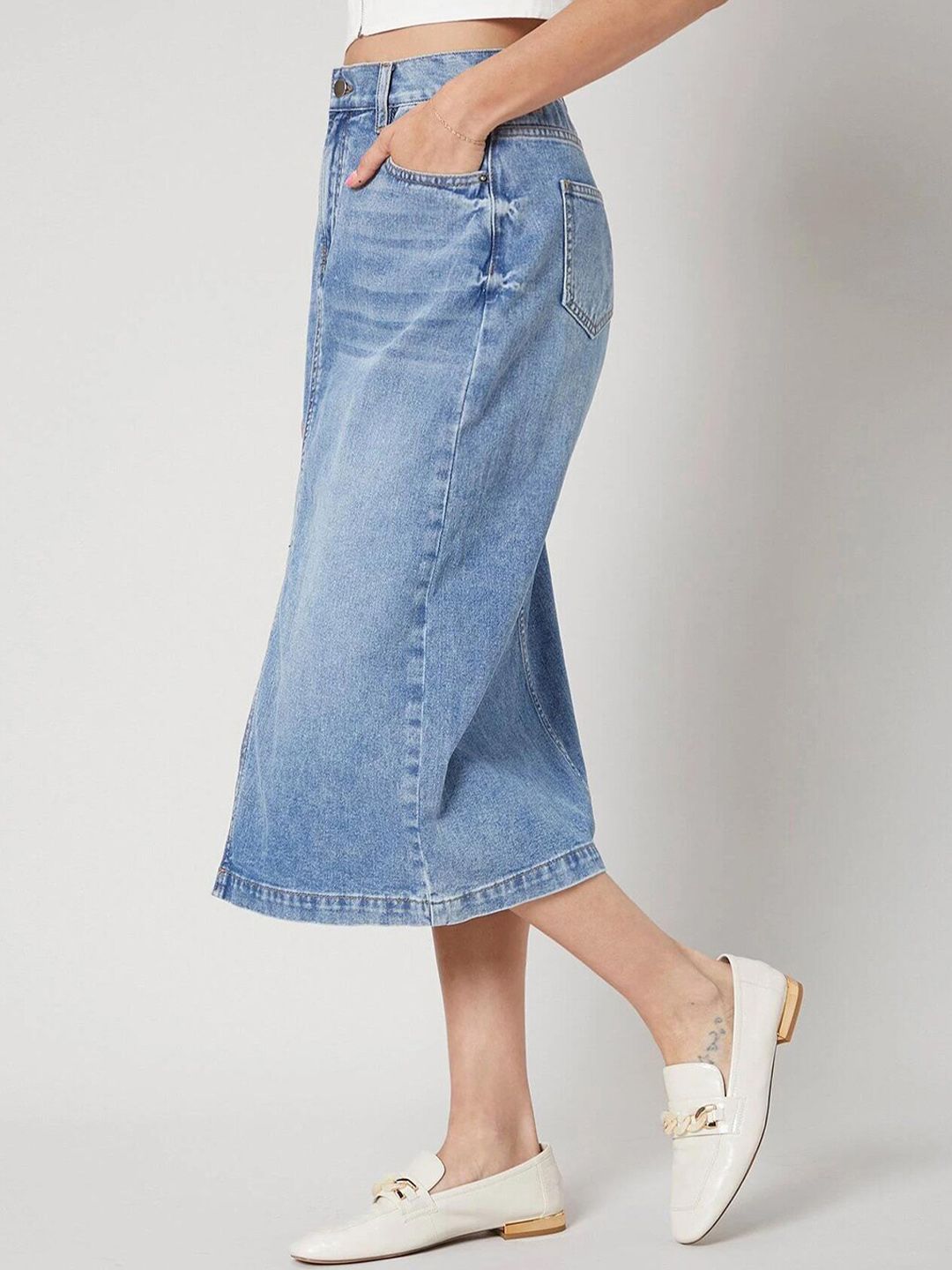 Kotty Front Slit A-line Denim Midi Skirt
