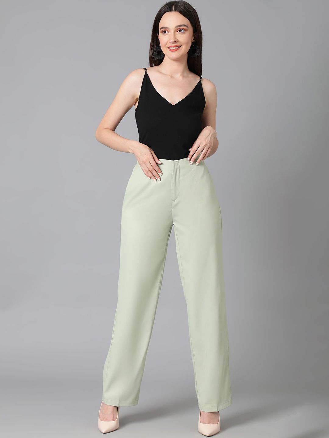Kotty Women Green Relaxed Straight Leg Straight Fit High-Rise Easy Wash Parallel Trousers