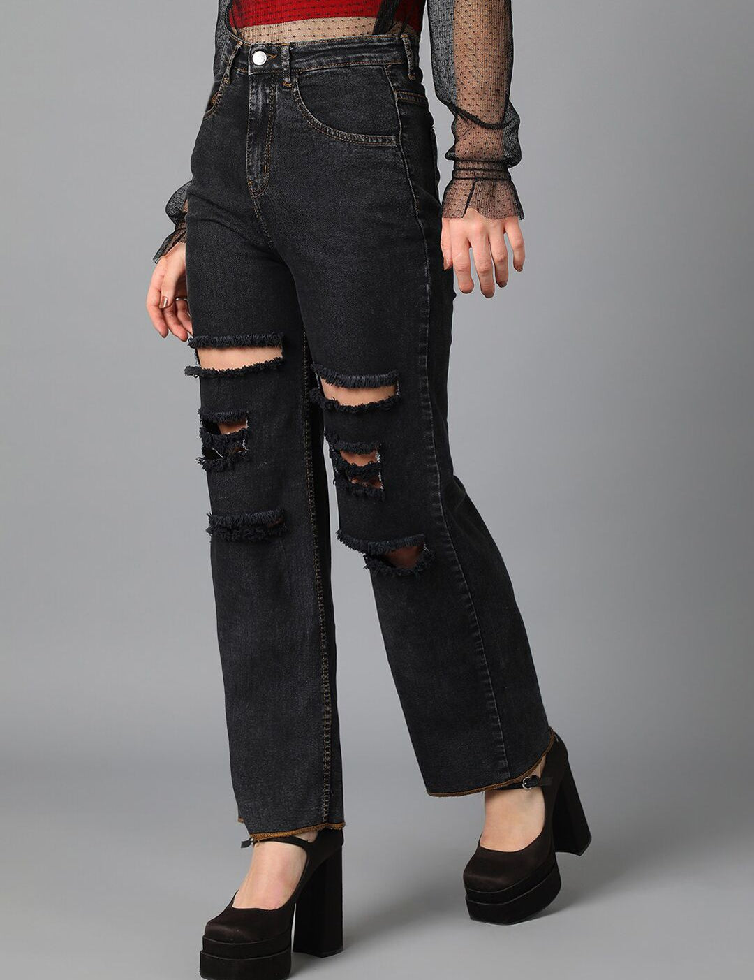 Kotty Black Women Jean Straight Fit High-Rise Mildly Distressed Stretchable Jeans