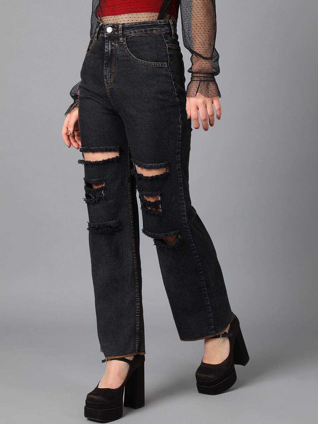 Kotty Black Women Jean Straight Fit High-Rise Mildly Distressed Stretchable Jeans