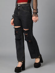Kotty Black Women Jean Straight Fit High-Rise Mildly Distressed Stretchable Jeans