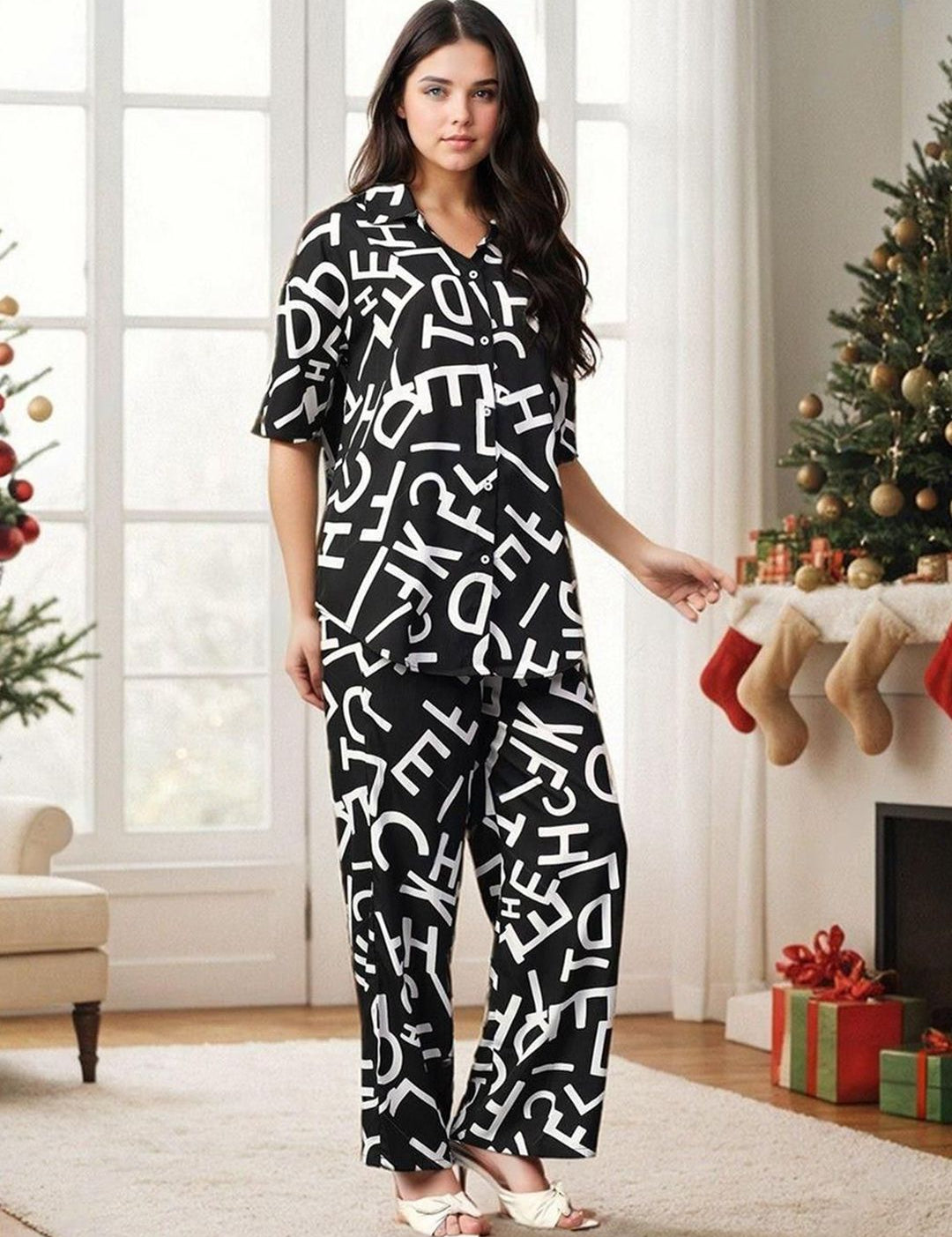 Kotty Black and White Printed Shirt Collar Shirt With Trouser