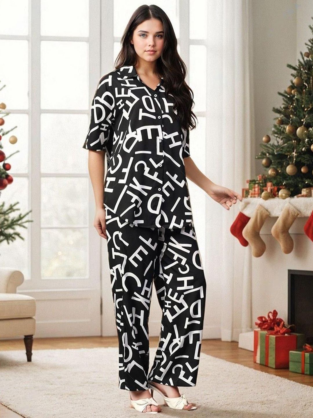 Kotty Black and White Printed Shirt Collar Shirt With Trouser