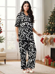 Kotty Black and White Printed Shirt Collar Shirt With Trouser