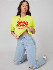 Kotty Typography Printed Round Neck Crop Oversized T-shirt