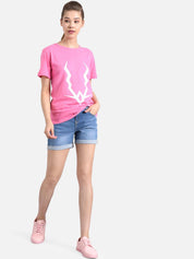Kotty Women Pink & White Printed Round Neck T-shirt